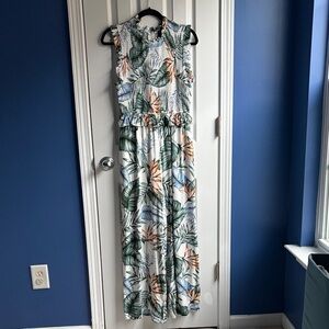 Fate Women's L Ruffle Smock Sleeveless Wide leg Jumpsuit Tropical Leaf Print